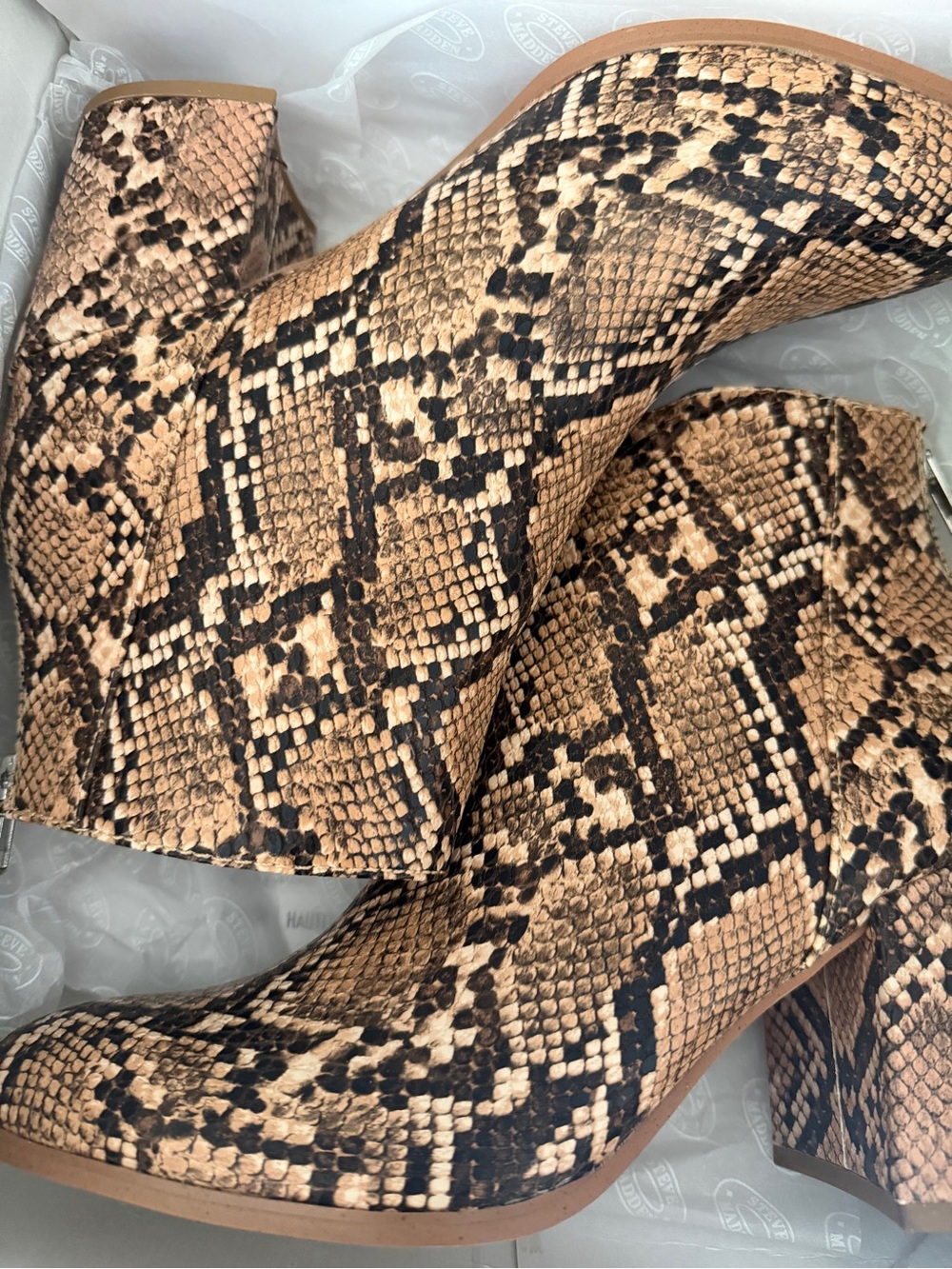 Steve Madden Tan and Black Snake-Print Ankle Boots